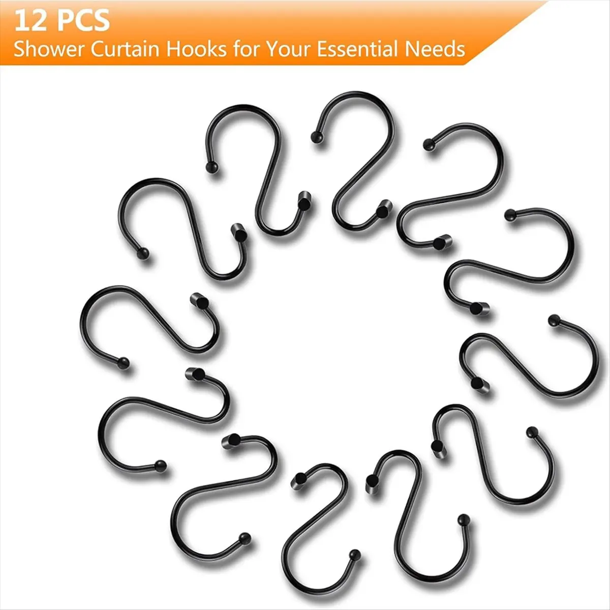 Black Shower Curtain Hooks 12 Pack S Hooks with T-Bar Design for Hanging,Elegant ,Install for Bathroom