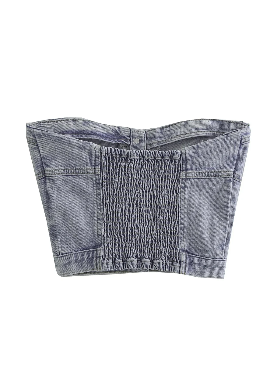 Women y2k Denim Corset Crop Top Vest Aesthetic Backless Off Shoulder Strapless Tube Top Sexy Button Up Jeans Tank Top Streetwear