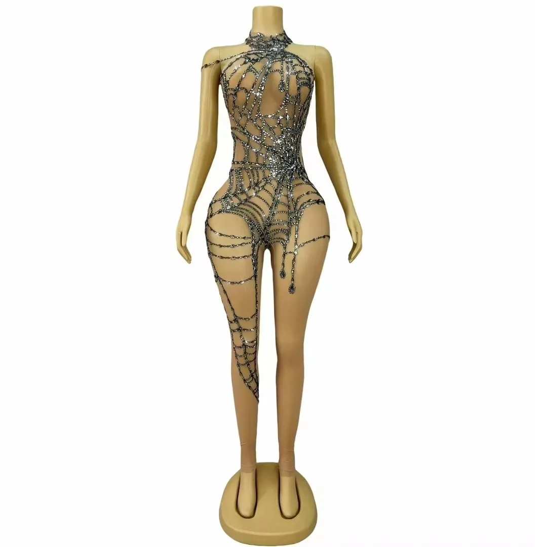 タイトなジャンプスーツバーナイトクラブセクシーな透明な光沢のあるラインストーンレオタードパフォーマンスダンス服フェスティバルパーティーコスプレ衣装