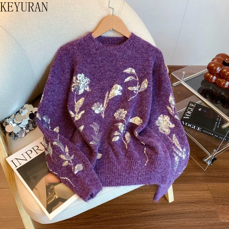 

Осень-зима, новый стильный свитер с блестками и цветочным принтом, женский повседневный свободный вязаный свитер с длинным рукавом, пуловеры, свитера, джемперы, тянуть