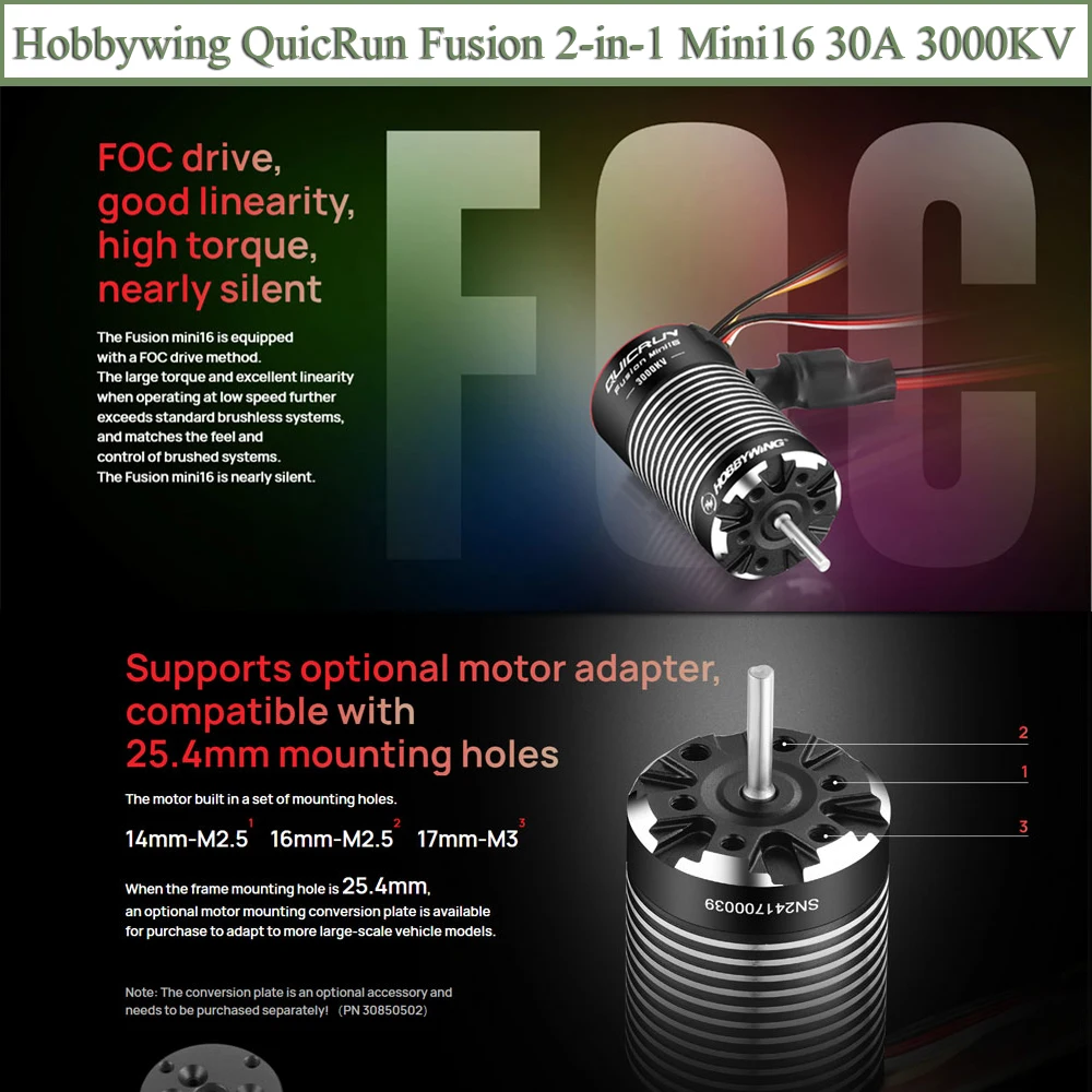 Hobbywing Fusion 2-in-1 Mini16 30A 3000KV Brushless Motor ESC Integrated 2-3S Lipo 6V/7.4V 4A BEC for 1/16 1/18 RC Crawler Car