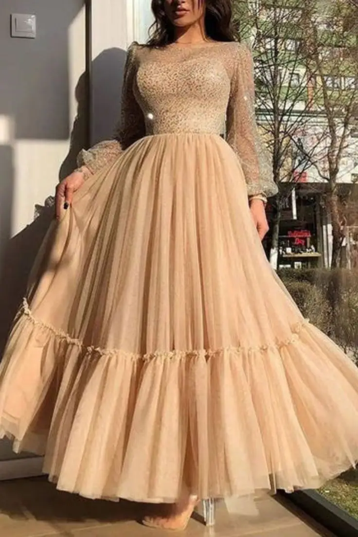 

Champagne Prom Dresses Sparkly Glitters Puffy Full Sleeves Tulle A Line Ankle Length South African Evening Gowns Graduation