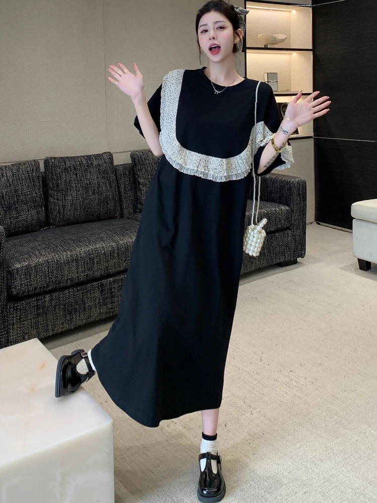 NYFS المرأة فستان صيفي فضفاض حجم كبير موضة كم قصير المرقعة كشكش حافة فستان طويل رداء Ete فام Elbise 2025 جديد