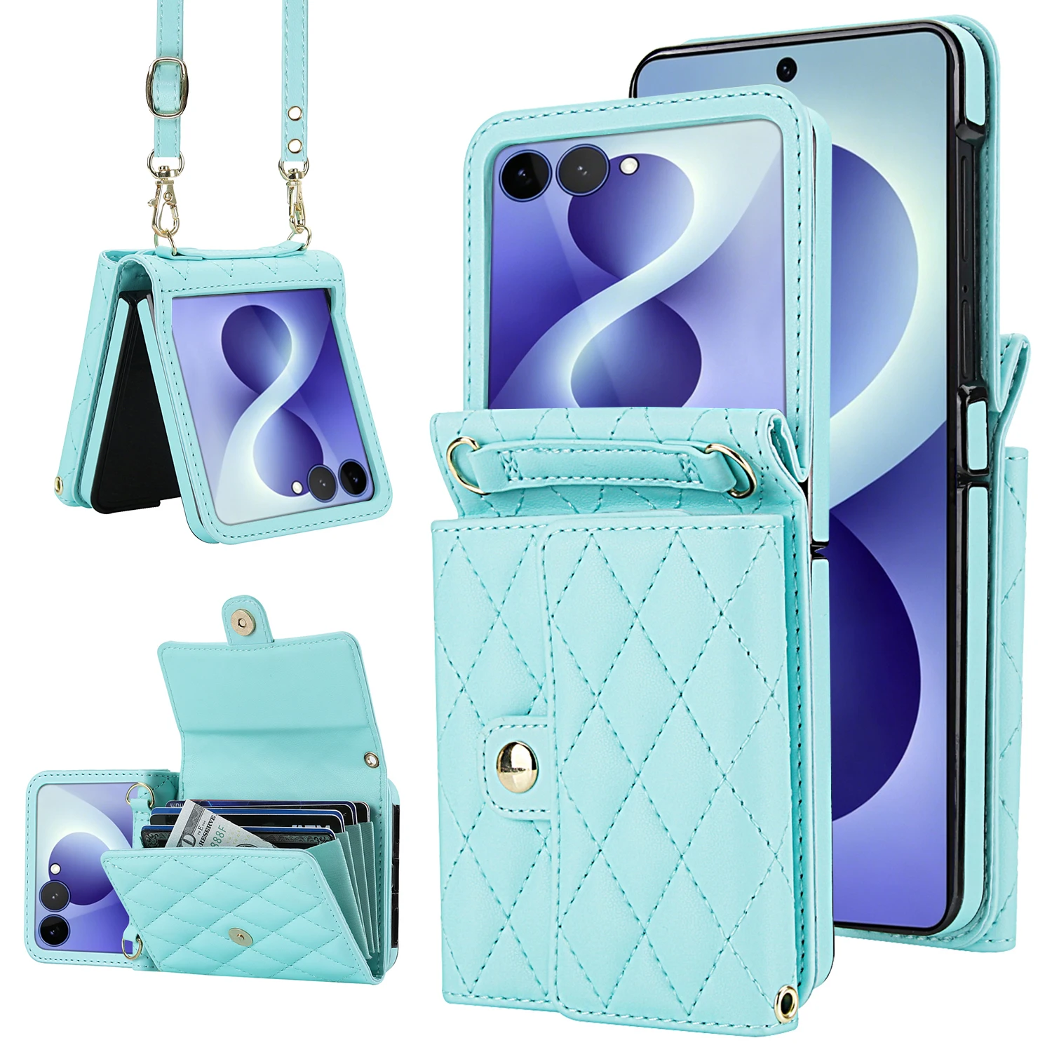 Luxury Foldable Leather Wallet Phone Case For Samsung Galaxy Z Flip 4 5 6 7 8 Removable Crossbody Lanyard Protective Cover