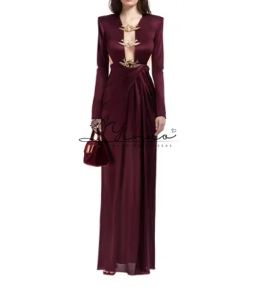 Customized  European and American Foreign Trade Sexy Deep V-neck Hollow Backless Metal Decorative Temperament Dress Custom Produ