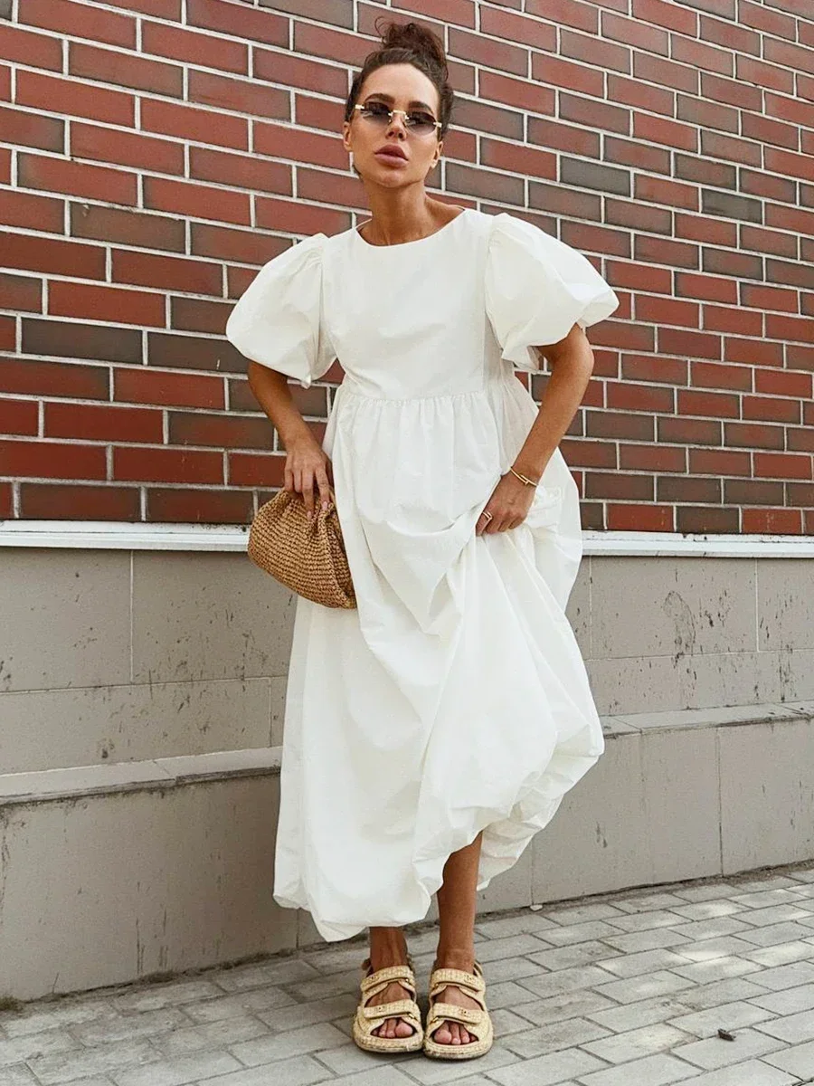 

Summer Cotton Women's Oversized Bubble Sleeve Dresses Fashionable Ladies O-Neck Chic Short Sleeve Loose Long Dress