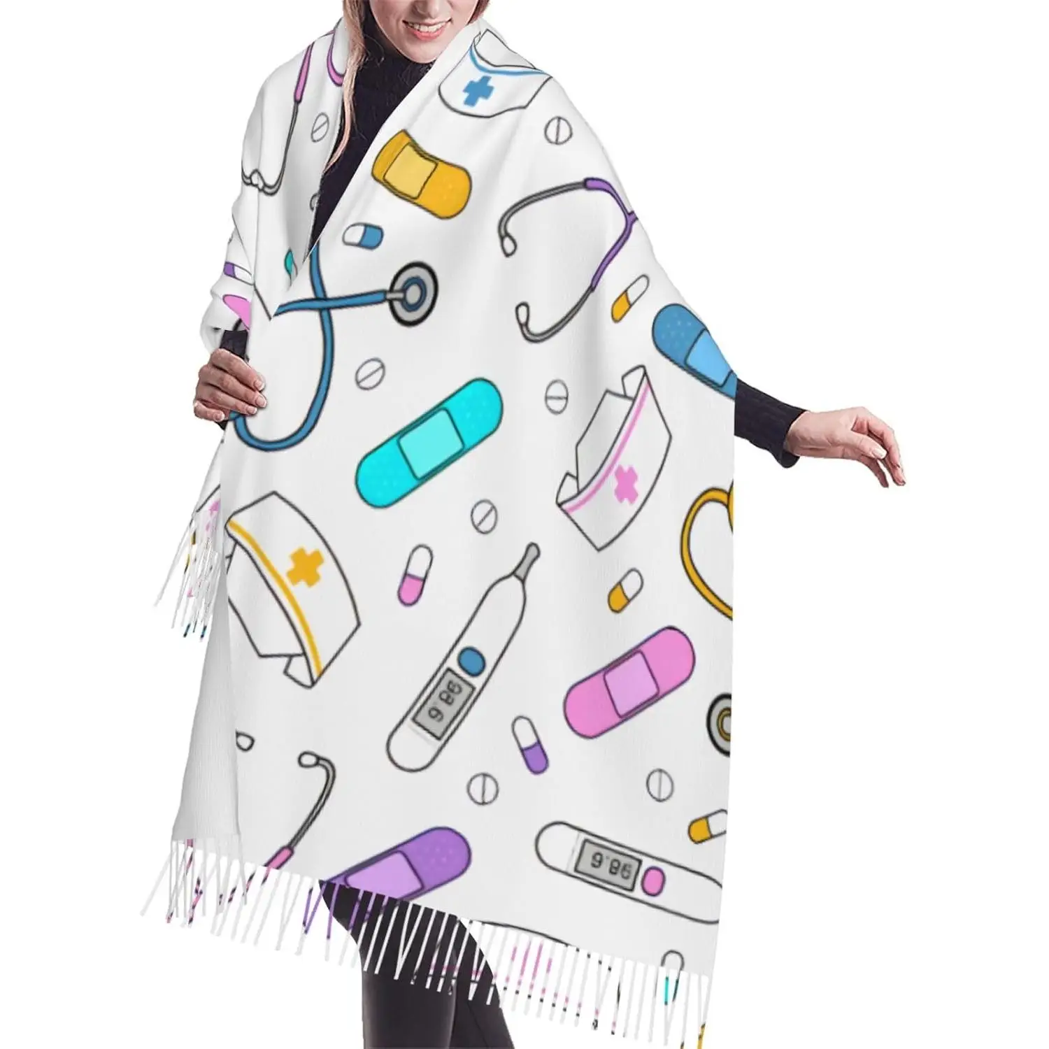 

Медсестра с принтом любви, белый шарф с кисточками из искусственного кашемира, зимний шарф, осенний мягкий классический теплый зимний модный легкий вес