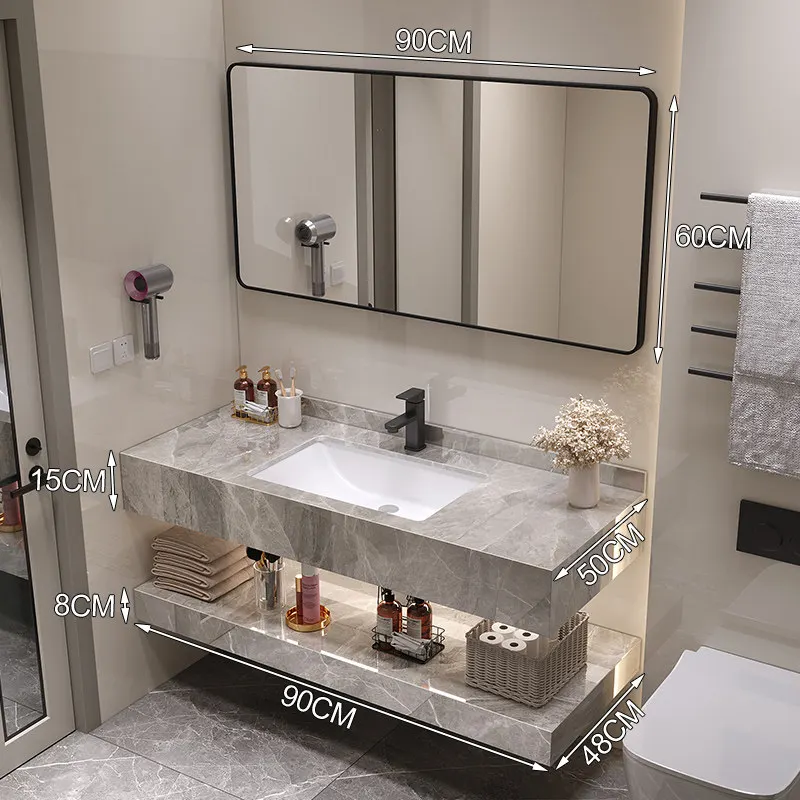 Modern simple bathroom cabinet combination glossy rock slab ceramic countertop double bathroom washstand