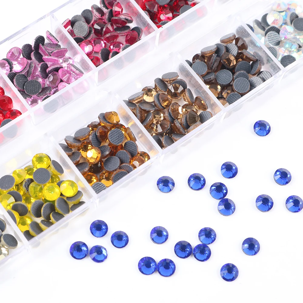 New Box Set 45 Colors DMC Hot fix rhinestones Mix 6 Sizes Glass Crystal Iron on Rhinestone for Garment Clothing accessories
