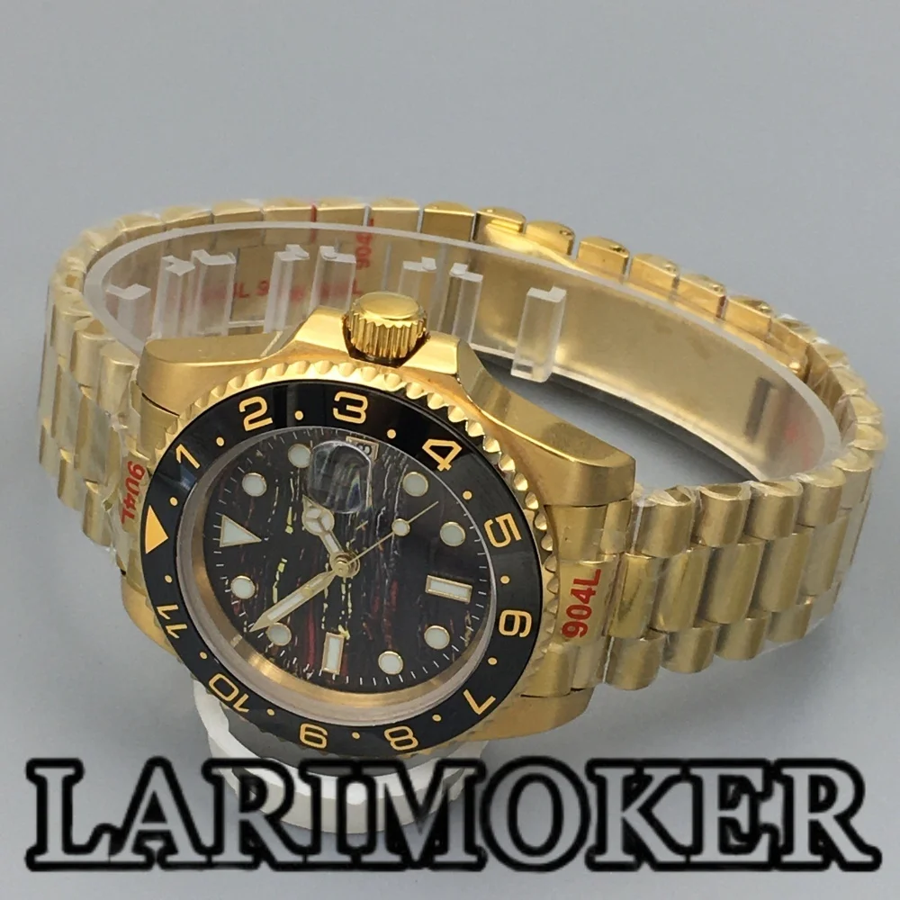 LARIMOKER 41MM Gold Men's Mechanical Watch NH35 Sapphire Glass Ceramic Bezel Meteorite Texture Luminous Dial Waterproof Watch