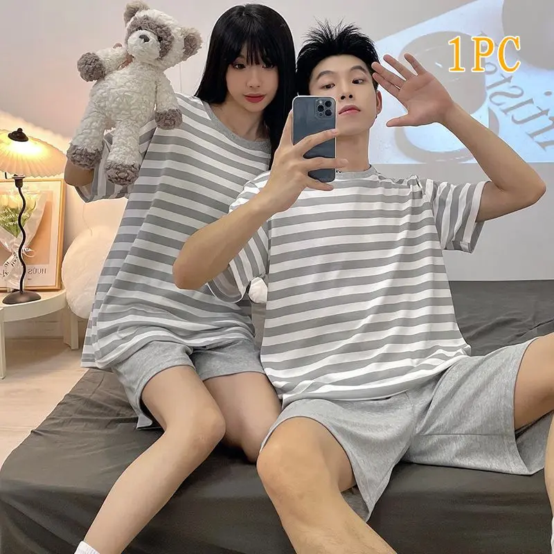 Summer Cotton Lovely Striped Men Women Couple Pajamas Set Female Loose Long Home Dress Male Short Sleeves Short 2 Pcs Home Suit