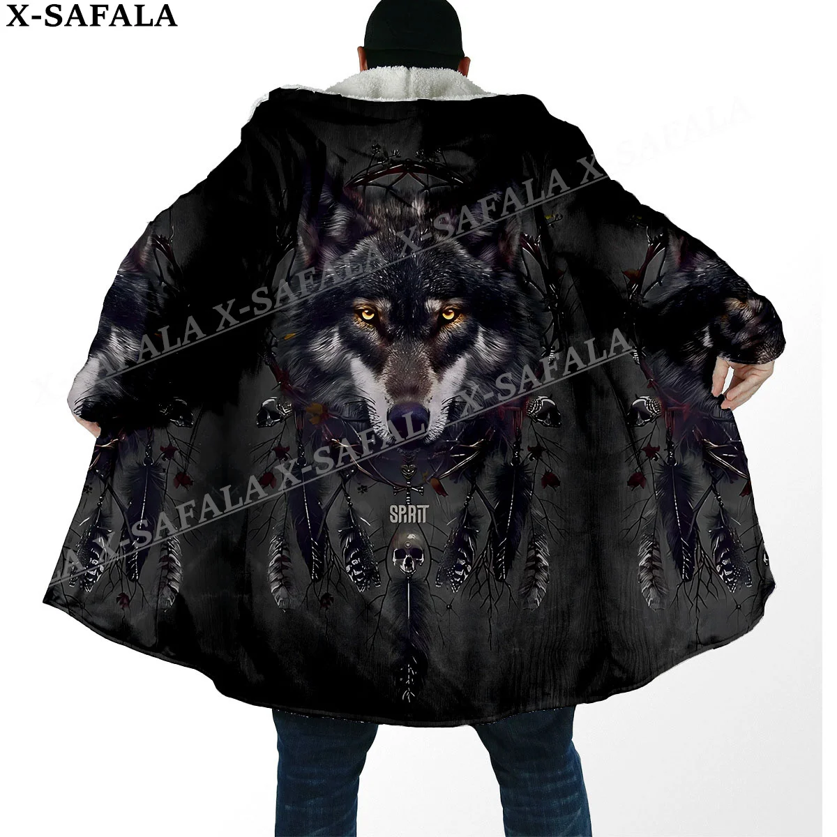 Elegant Native Wolf Spirit Totems Arts Thick Warm Hooded Cloak Men Overcoat Coat Windproof Fleece Cape Robe Hooded Blanket-11