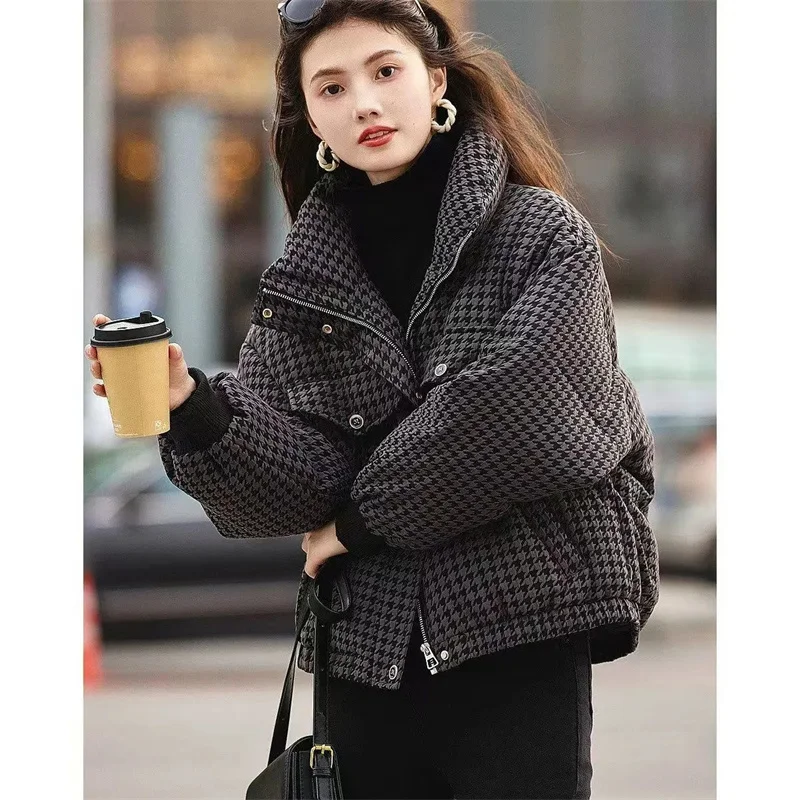 Cotton-Padded Jacket Women Parkas Winter New Short Temperament Houndstooth Cotton Coat Thicken Outerwear Fashion Overwear Ladies