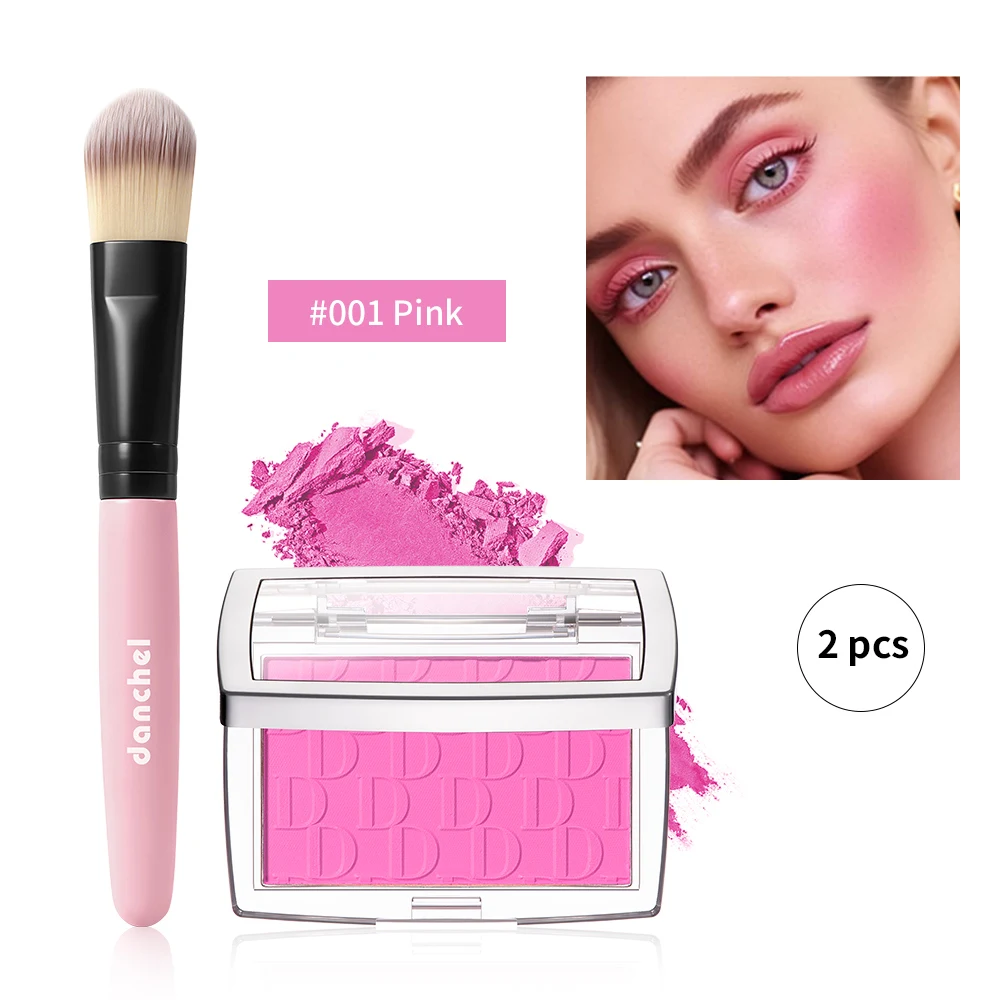 2Pcs Matte Embossed Blush Palette High Pigmented Pink Coral Blush Powder Professional Cheek Rouge With Makeup Brush Daily Cosmet