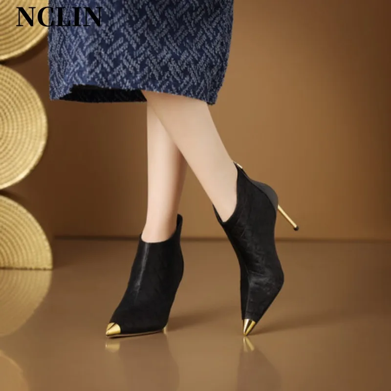 2024 Spring/Autumn Women Boots Pointed Toe Ankle Boots for Women Winter Horsehair High Heel Modern Boots Zapatos De Mujer