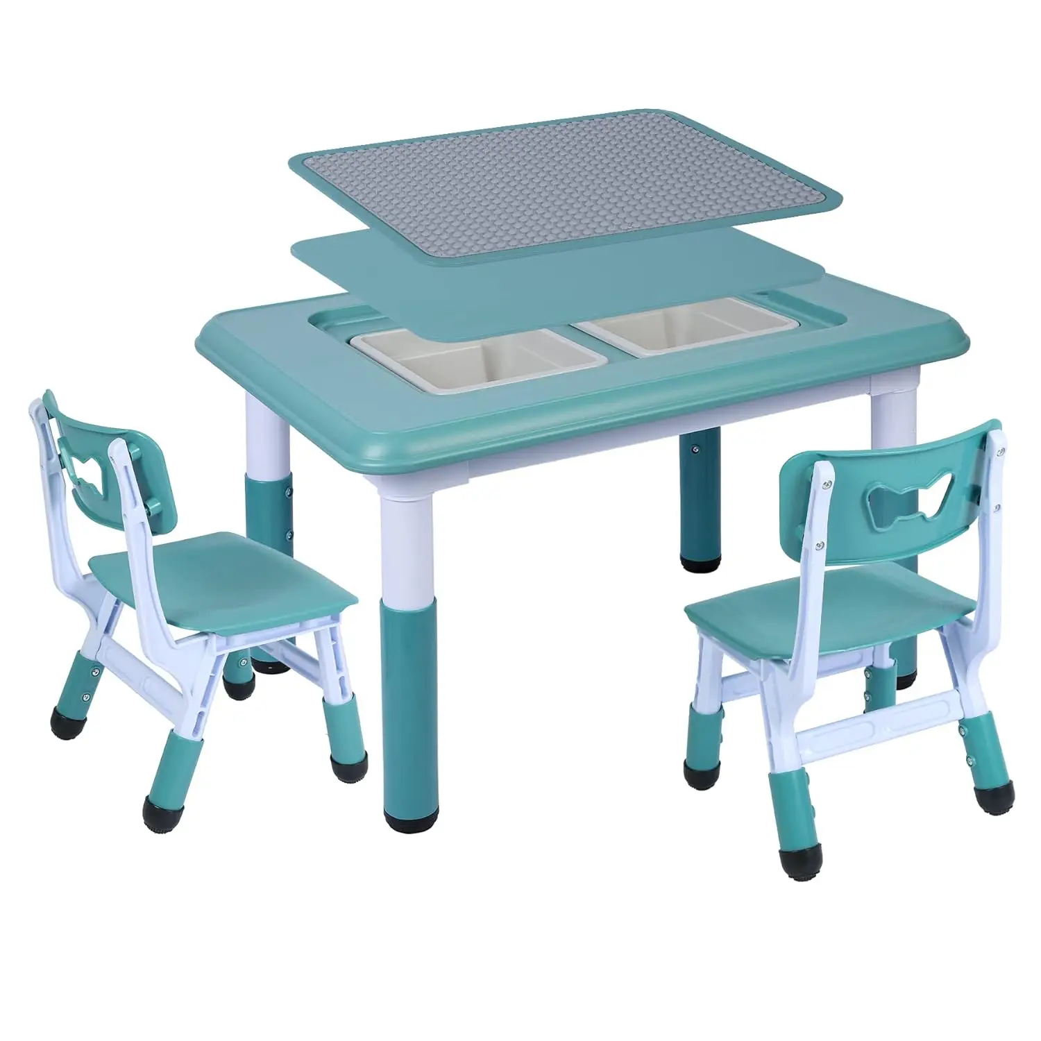 طقم طاولة أطفال وكرسيين، ارتفاع قابل للتعديل، 3 في 1 طاولة بناء متعددة الأنشطة مع كرسيين، صناديق تخزين، أزرق #1