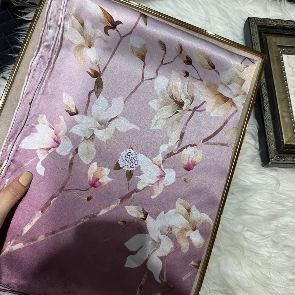 New Elegant Pink 100% Silk Scarf Shawl Printed Bufanda Women Fall Winter Fashion Floral Design Long Scarves Wraps Capes 175*53cm