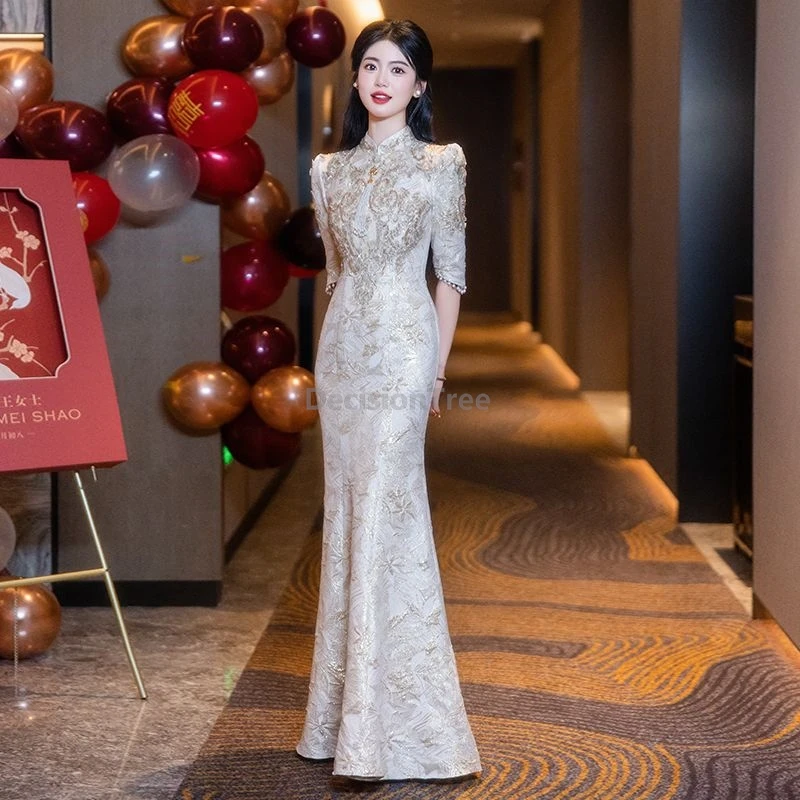 

2025 new chinese style bride toasting attire advanced sense trendy fish tail dress vintage elegant temperament lady party qipao