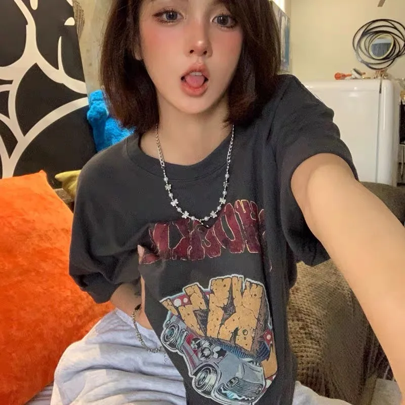Retro Dark Grey Short Sleeve T-Shirt Spring Summer Loose Fit Women's Fashion Top Quality Material Other 100% Age Range 18-24