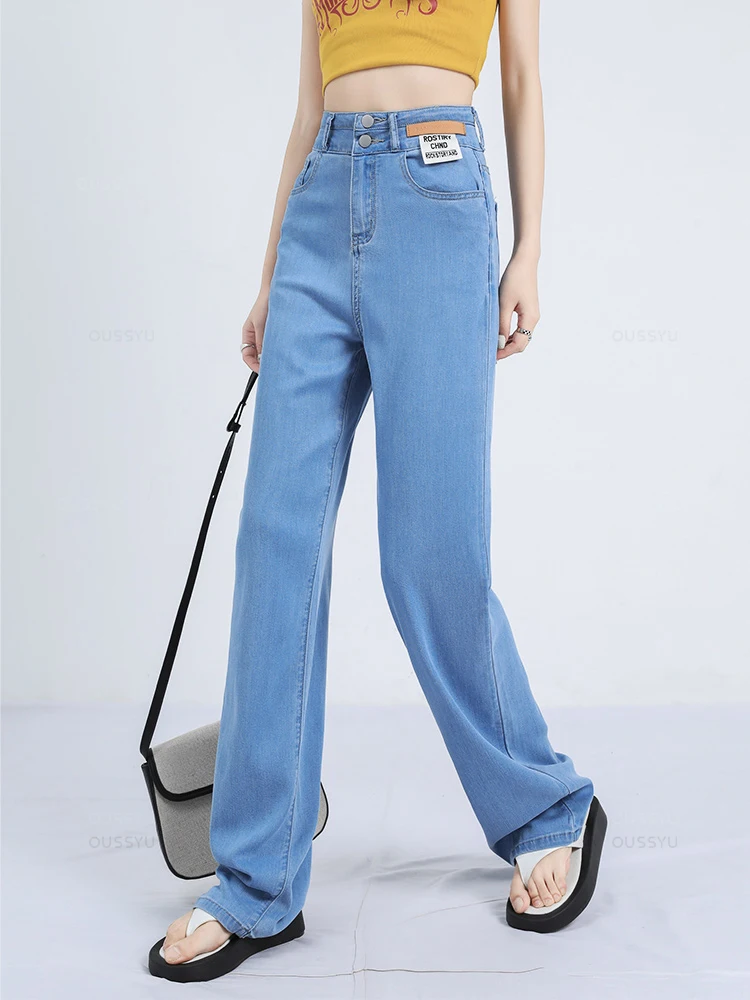 Jean en tissu Lyocell naturel doux pour femme, pantalon en denim fin, baggy, jambe large, taille haute, décontracté, fjFemale, taille 25-32, été