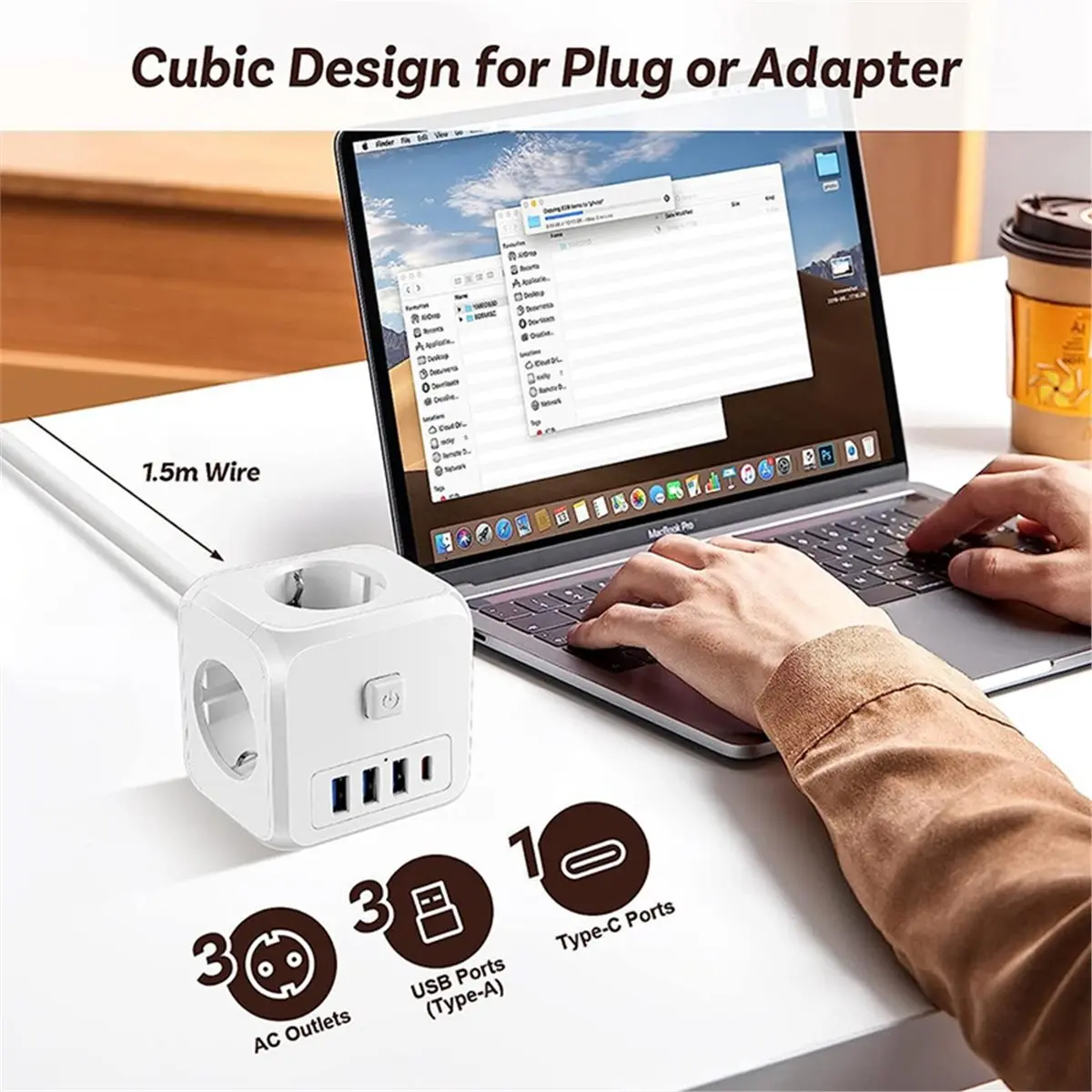 (ABGQ) Wall Socket Extender with 3 AC Outlets 3 USB Ports and 1 Type C Charger on/Off Switch for Home EU Plug