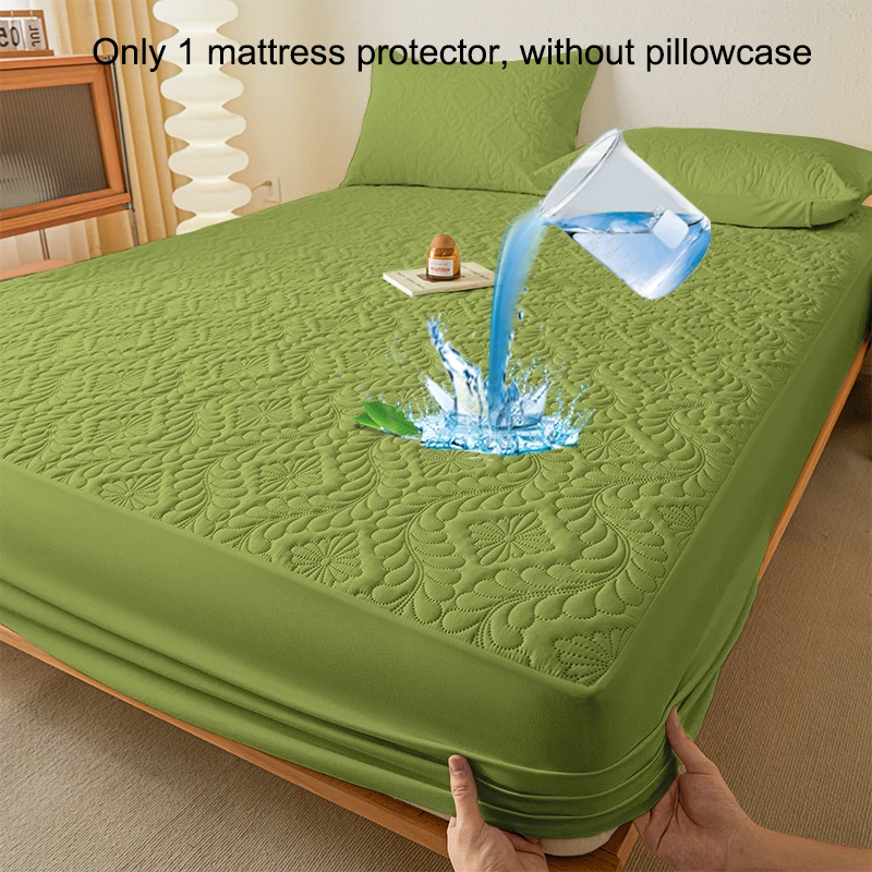 1 Sábana bajera laminada impermeable con estampado moderno simple, funda de cama de color verde hierba para dormitorio, ropa de cama (excluida funda de almohada)