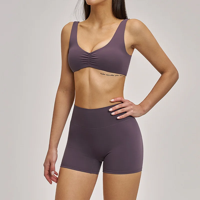 SVEIC 2 Piece Gym Set Yoga Shorts Halter Neck Beauty Back Sports Bra High Waisted Workout Suits Running Fitness Women’s Clothing