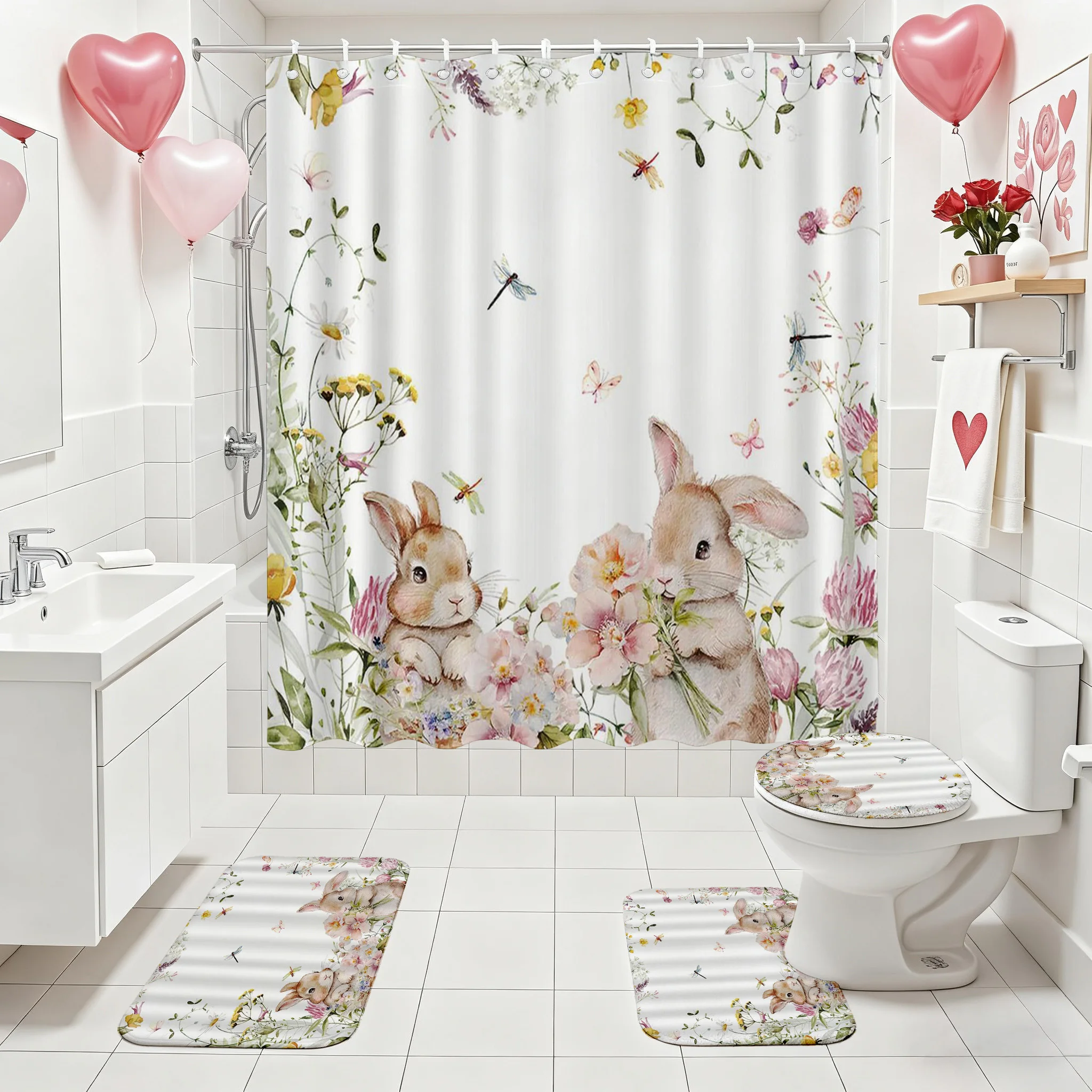

Easter Shower Curtain Set, Flannel Surface + Non-Slip Bottom, Includes Toilet Seat Cover & Bath Mats, Bunny Flower Butterfly De