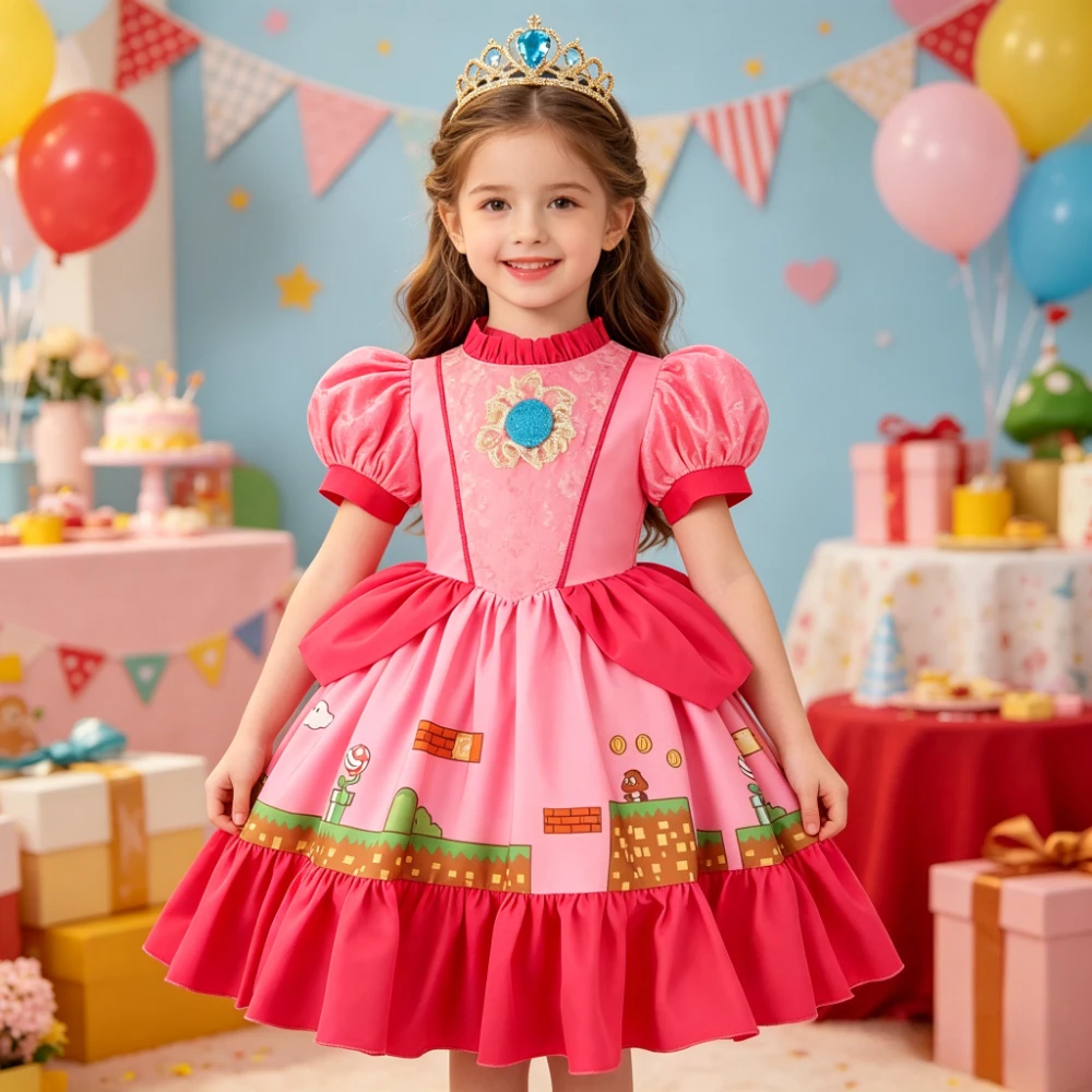 Game Movie Pink Princess Dress for Girls Halloween Cartoon Adventure Birthday Party Children's Costume Event Kids Clothes TAN06