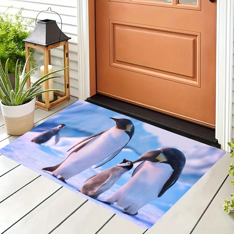 Cute Penguin Family Doormat Ice Blue Arctic Print Non Slip Entry Rug For Entryway Bathroom And Winter Home Decor