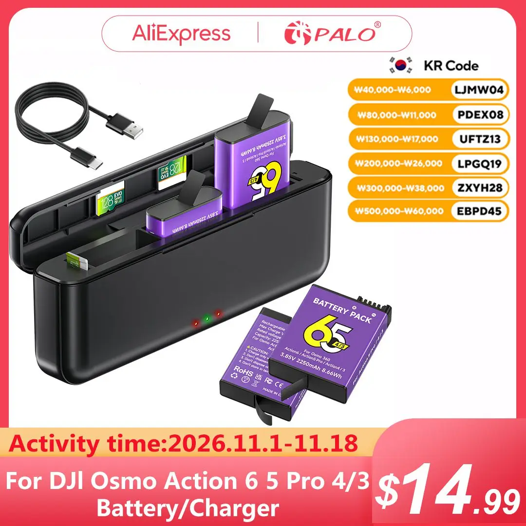 DJI Osmo 행동 6/행동 5 프로 배터리 + DJI Osmo 행동 5 프로 Action4 Action3 Osmo 360 스포츠 카메라 부속품을 위한 3 슬롯 충전기 2250 mAh