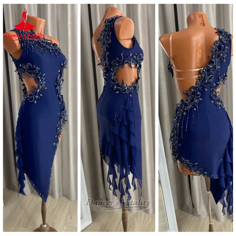 Teenagers Chacha Rumba Sleeveless Inclined Hem Dress Adult&Child Latin Dance Perform&Contest Clothes Customize Dancer's Vitality