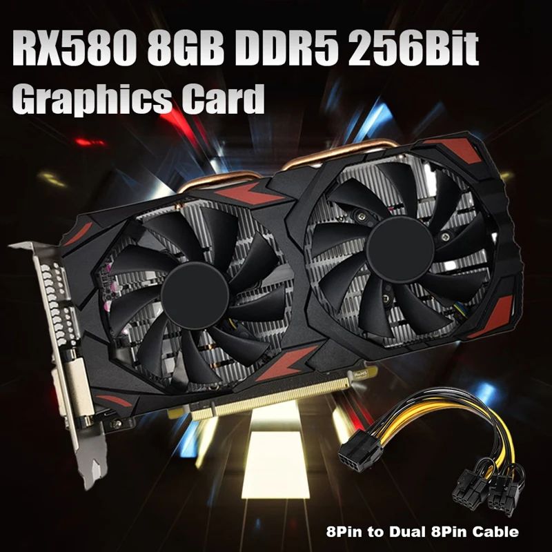 1 Set RX580 8GB DDR5 256Bit Graphics Card 8Pin To Dual 8Pin Cable 14Nm 1284Mhz 1750Mhz PCI E 3.0 HD DP DVI Dual Fan Video Card