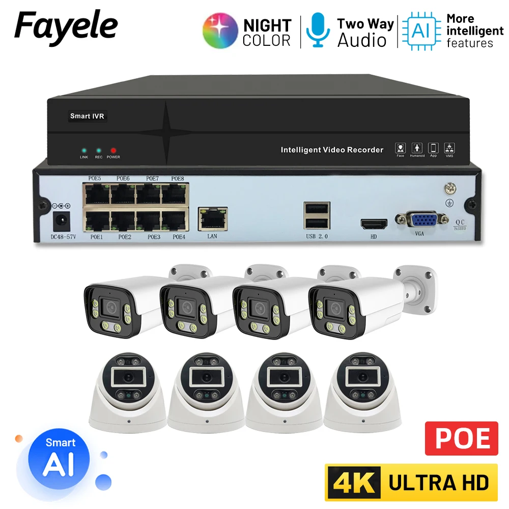 

H.265 8CH 4K 8MP POE Camera NVR System Human Vehicle Detection 2Way Audio Full Color Video Surveillance Kit SeeEasy IP Camera