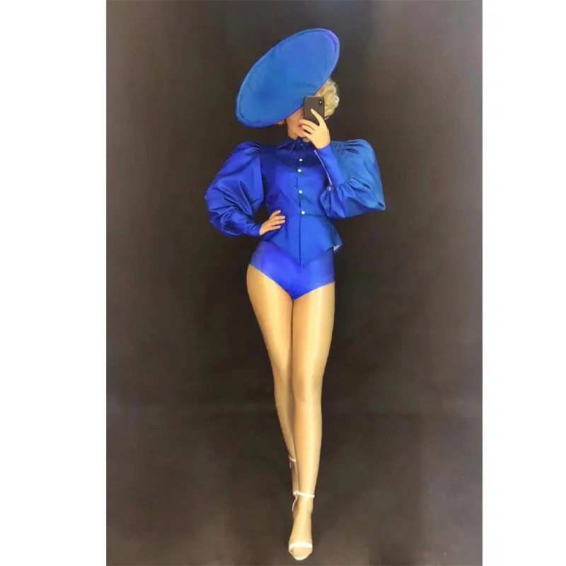 Sexy Bodysuit Big Hat Womens Nightclub Costume Teams Catwalk Stage Birthday Party Wear Bar Jazz DJ Pole Dancing Jumpsuit Female