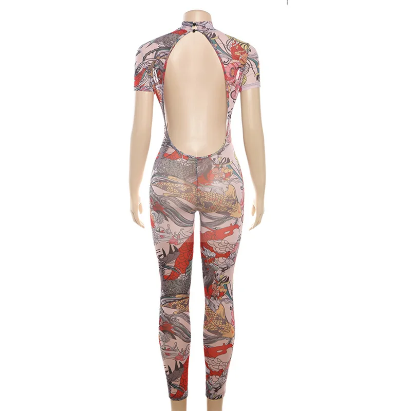 Women Backless See Through Jumpsuit Dragon Print Short Sleeve Fitness Activity Workout Overalls Slim Stretch Clubwear