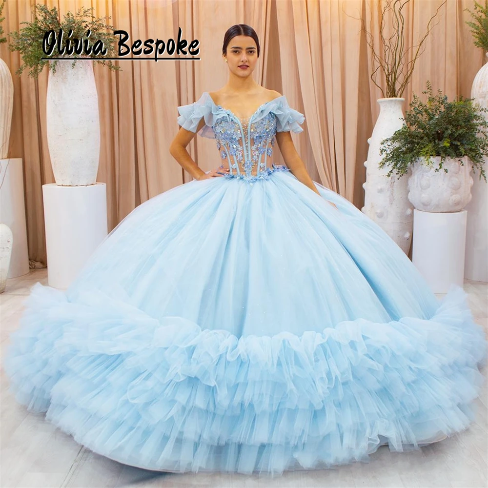 طفل أزرق Quinceanera اللباس ، يزين مطرز ، التخرج ثوب الكرة مع تول ، قطار Ruched ، 15 عاما