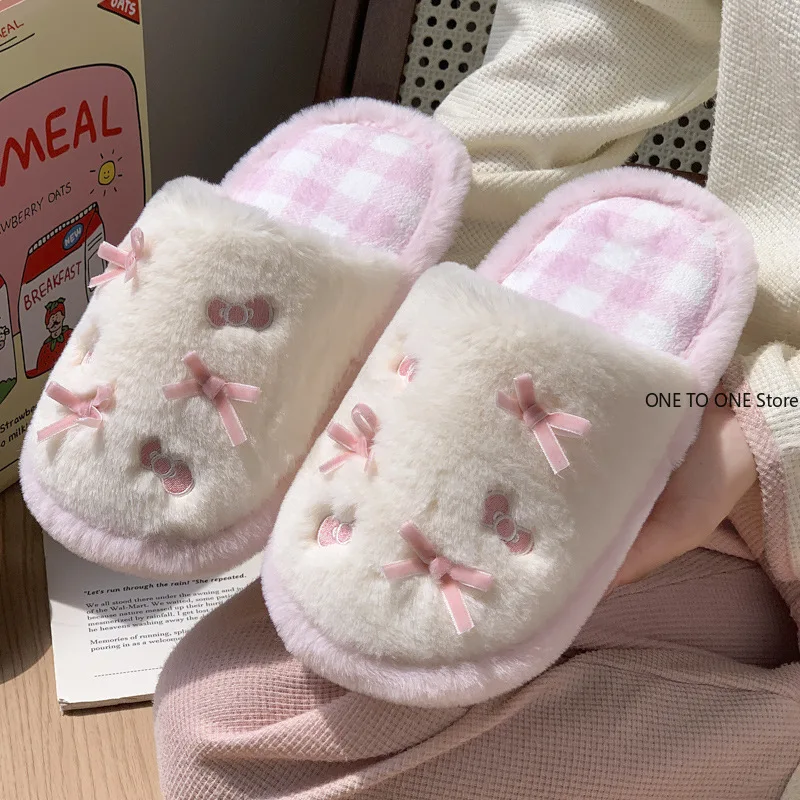 

Hot Sale Fashion Contrast Bow Wool Slippers Women's Autumn and Winter Indoor Fleece Warm Non-slip Cotton Slippers Wholesale
