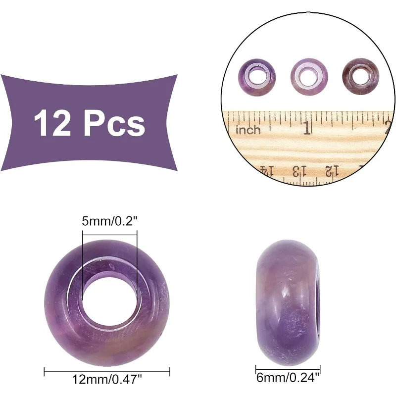 Perles naturelles Alanding Yst pour tresses, perles de cheveux violettes, pierre à grand trou européen, 12 pièces, 5mm