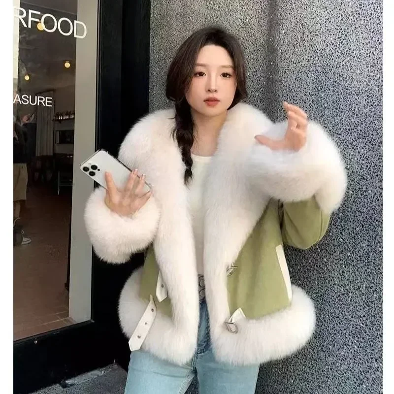 

Women's winter Fur Coat PinkNew Fashion Imitation Fox Fur Grass Short Furry coat Woolen collar thickened warm coat