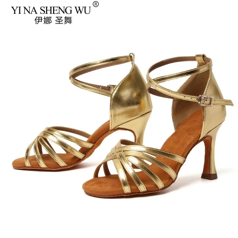 รองเท้าเต้นรำละตินสำหรับผู้หญิง พื้นนุ่ม รองเท้าเต้นบอลรูม แทงโก้ รองเท้าเต้นรำในร่ม สีทอง ส้นสูงแบบคิวบา 5ซม./7ซม./8ซม. รองเท้าเต้นรำสำหรับงานปาร์ตี้ ขายส่ง