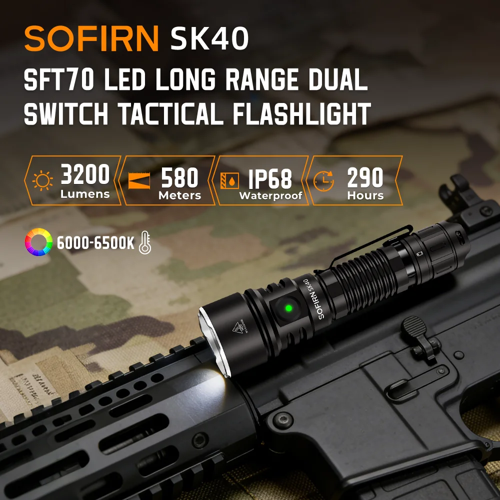 Sofirn SK40 21700 Rechargeable Flashlight  SFT70 LED 3200lm Powerful Tactical Torch 580M Long-Range With Spotlight