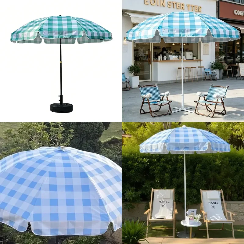 Plaid Patio Umbrella Outdoor Sunshade for Courtyard Camping Photo Prop Decorative Parasol with Printed Logo