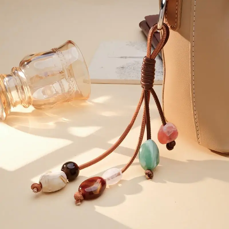 1Pcs Handmade Vintage Stone Peach Keychain Boho Bag Pendant Rustic Lucky Charm Gift Women Trendy Jewelry
