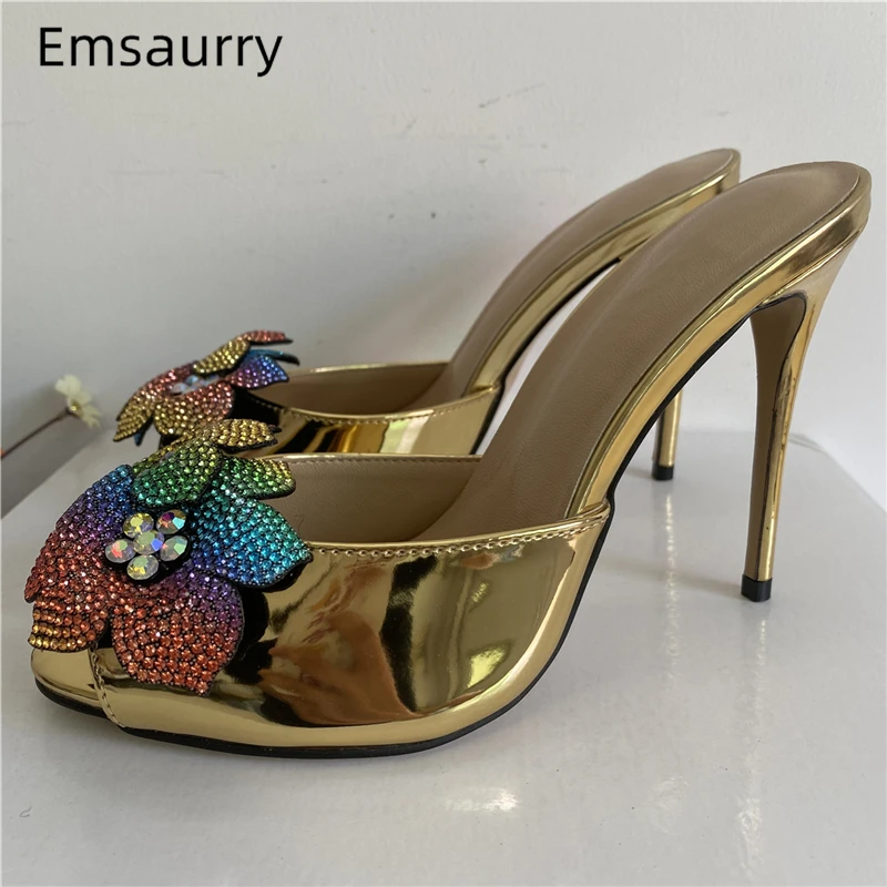 

Bling Sequins Crystal Flower Runway Mules Lady Summer 10cm Stiletto Heel Peep Toe Slingbacks Patent Leather Sandals Women