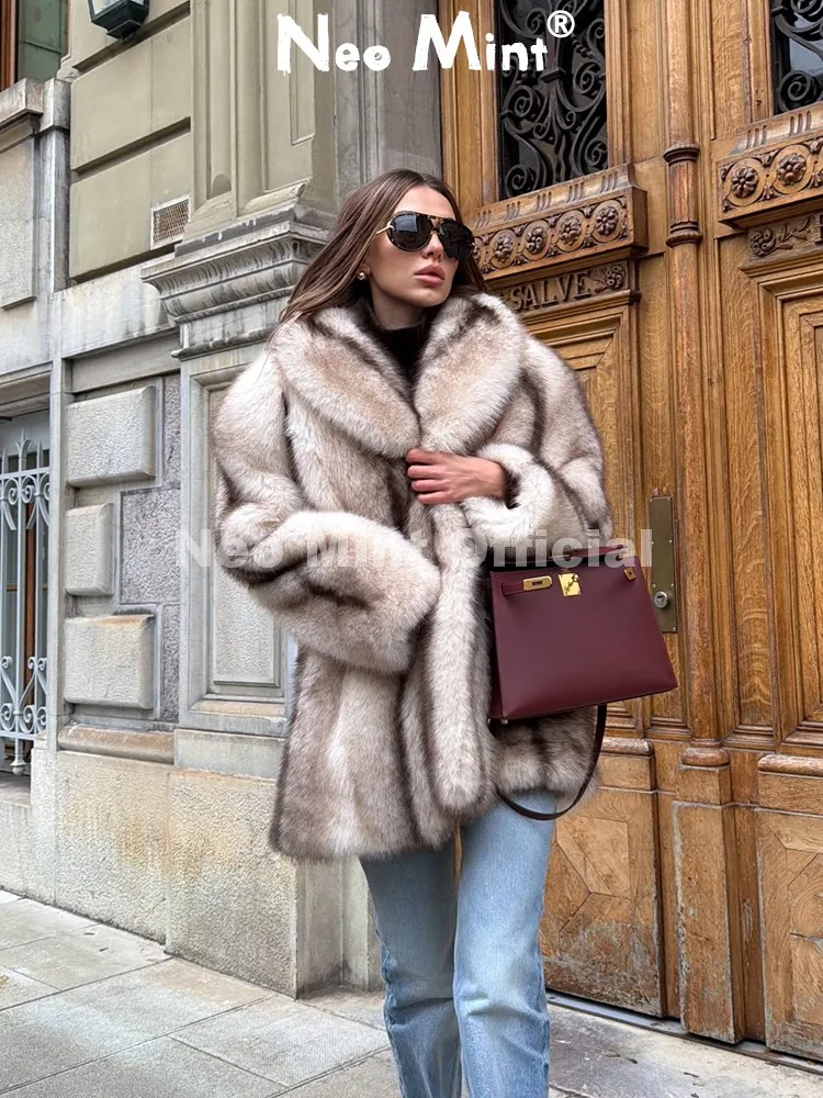Neo Mint Women Striped Faux Fur Coat Vintage Oversized Plush Winter Jacket with Lapel Collar Long Sleeve Warm Luxury Outerwear