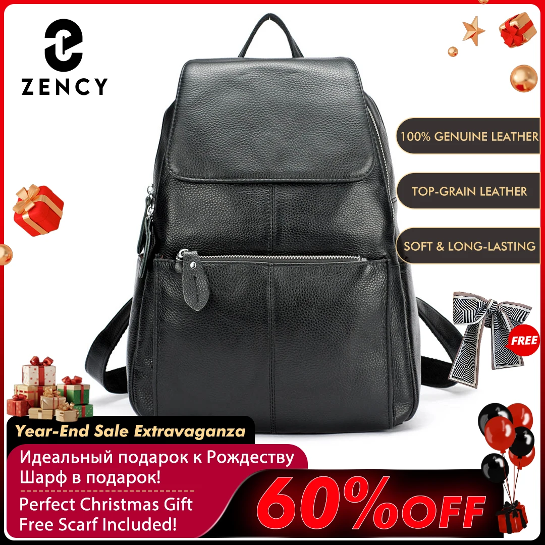 Zency Stylish White Black Genuine Leather Women Backpack A++ Quality Anti-theft Large Capacity Knapsack Travel Designer Rucksack