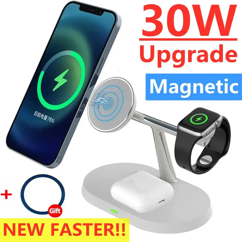 Supporto per caricabatterie Wireless magnetico 3 in 1 30W Macsafe per iPhone 15 14 13 12 Apple Watch 8 7 6 Airpods Pro stazione di ricarica rapida