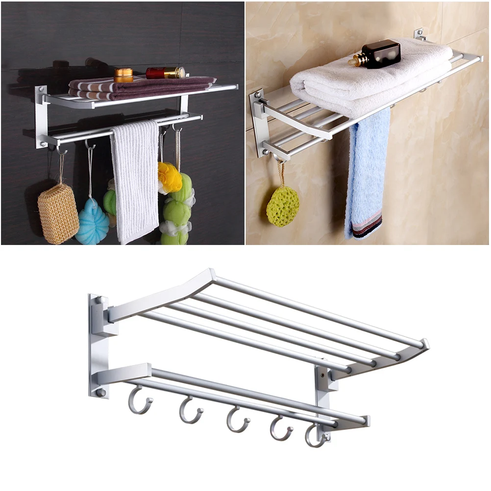 

Double Layer Towel Rack Bathroom Wall Mount Holder Racks Punch Free Storage Shiny Rust Resistant Hooks Kitchen