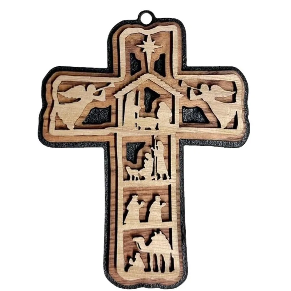 Pendant Necklace Cross Jesus Pendant Religious Wooden Christmas Decorations Crucifixion Cross Hanging Ornament